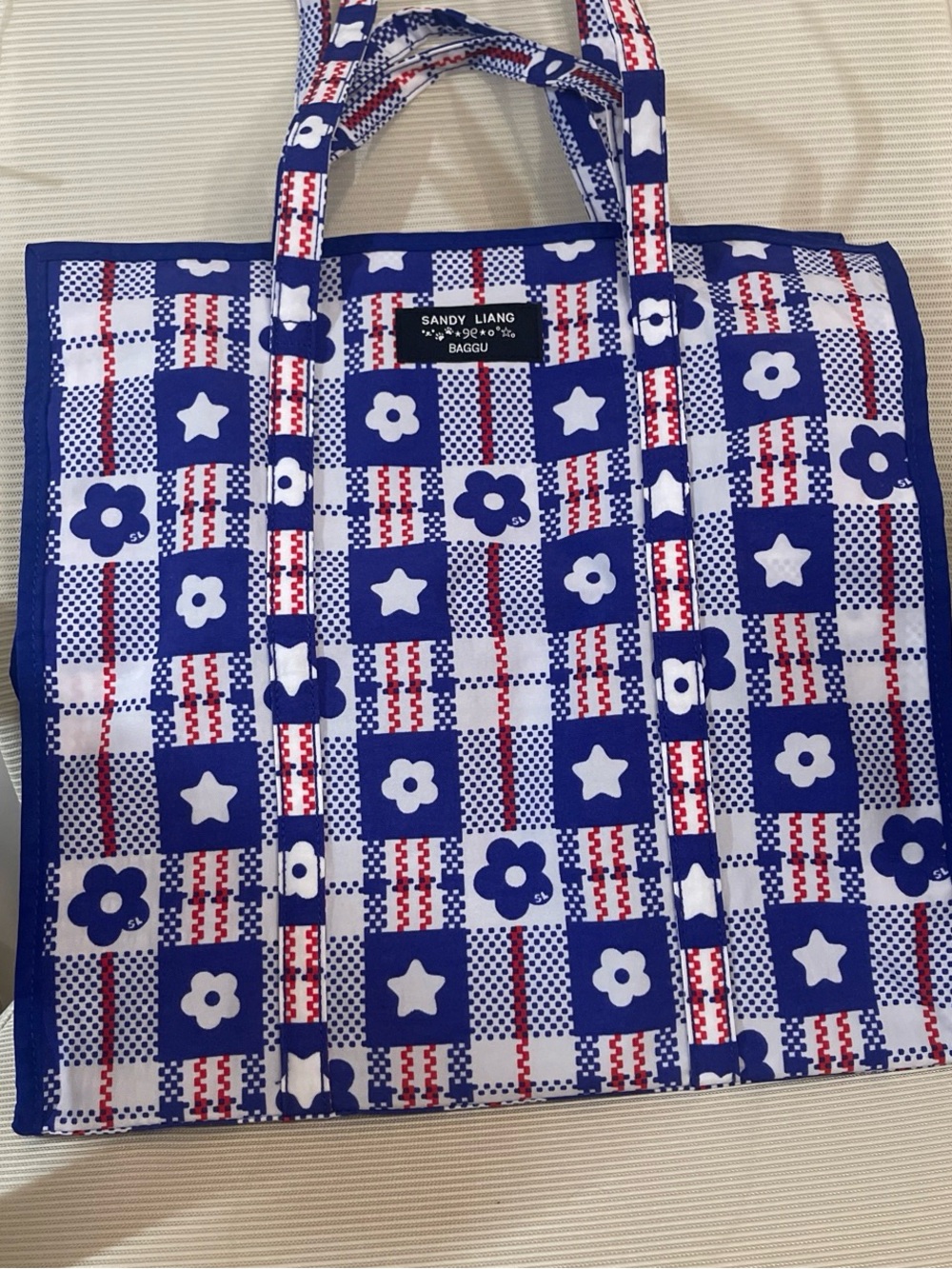 BRAND NEW Authentic Sandy Liang x Baggu Large Nylon Market Plaid Blue bag Tote - Picture 2 of 4